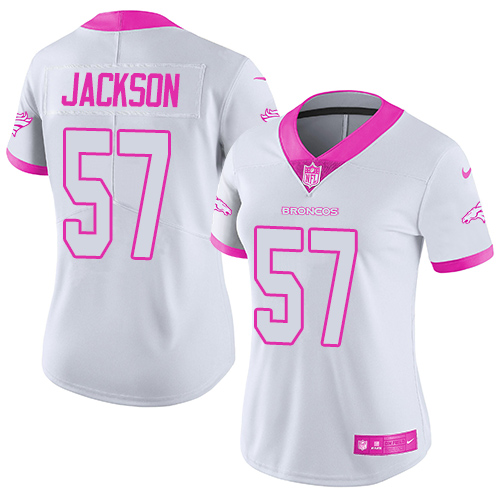 Women's Limited Tom Jackson Nike Jersey White/Pink - #57 Rush Fashion NFL Denver Broncos